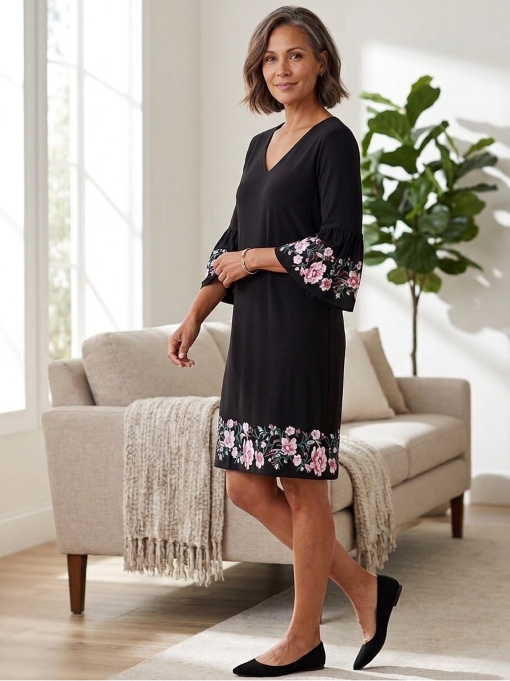 Roz & Ali Black Floral-Trim V-Neck Dress, Women’s Size Large, Pink Flowers - Picture 1 of 10